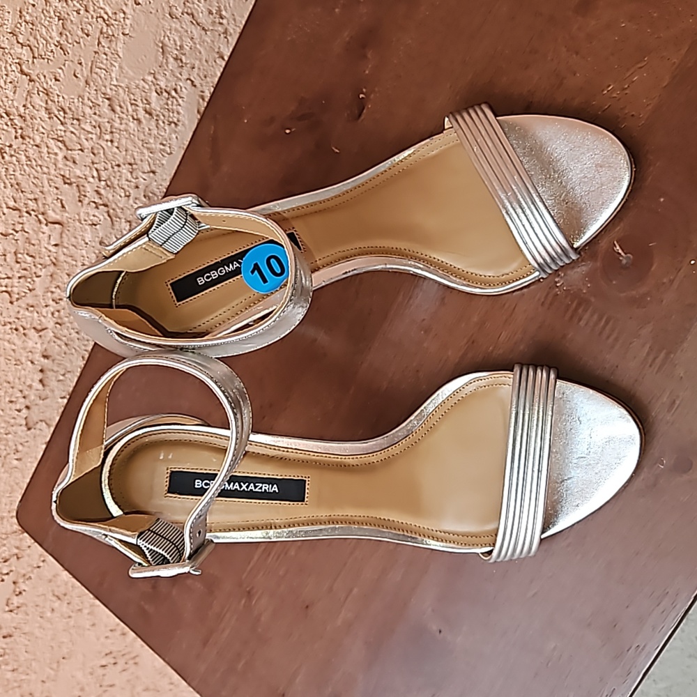 BCBGmaxazria Lucy Leather Heeled Stiletto Sandals In Silver Size 10 - Picture 6 of 15